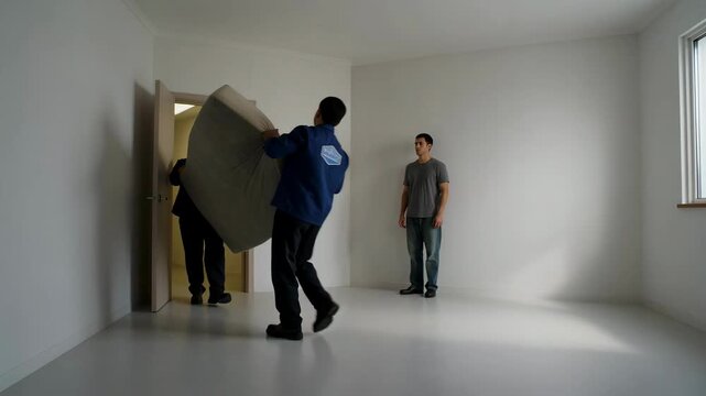 Two movers carrying mattress into empty room with man watching