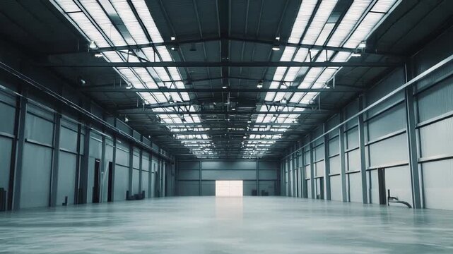 Vast empty industrial warehouse interior featuring a high ceiling, skylights, and a polished concrete floor, creating a spacious environment ready for business