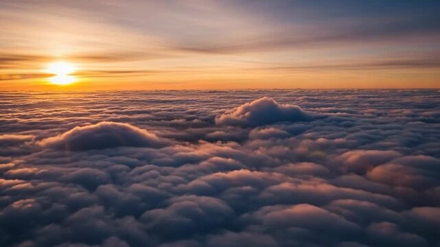 Aerial view shows the sun rising above a sea of f clouds.