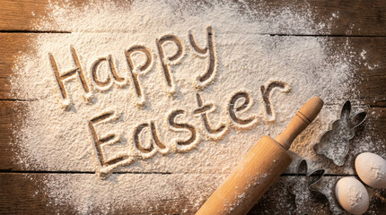 Happy Easter written in flour on wooden table with rolling pin, bunny cookie cutters, and eggs for spring holiday baking concept.