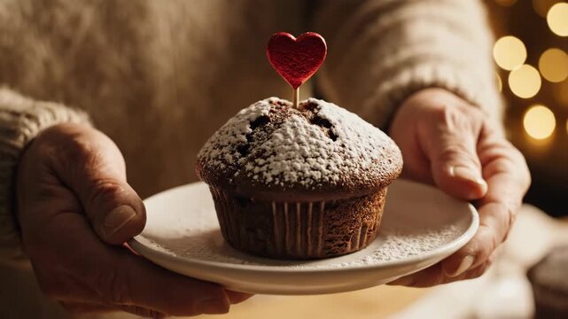 Hands holding sweet chocolate muffin with heart pick indoors