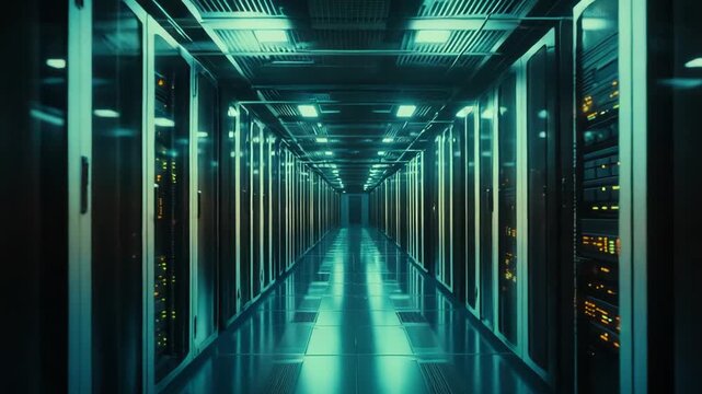 Data center corridor lined with glowing server racks, evoking futuristic cloud infrastructure, high density computing, secure digital storage and networked it systems