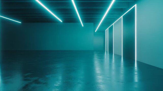 Modern abstract internal space featuring geometric lines of bright glowing cyan neon lights illuminating a vast empty room with reflective surfaces, creating a futuristic atmosphere