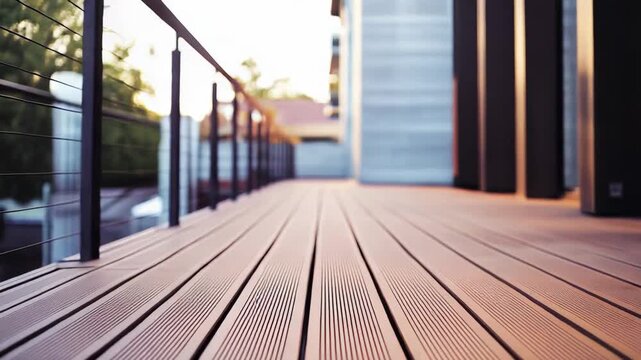 Spacious outdoor terrace featuring natural wood composite decking, a cable railing, and contemporary architecture bathed in warm evening sunlight, perfect for relaxation and upscale living