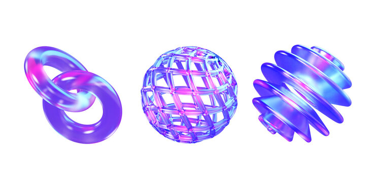 3D holographic shapes set with iridescent chain links share icon, futuristic Y2K aesthetic liquid crystal grid sphere and spiral spring screw form isolated on white background. 3d rendering