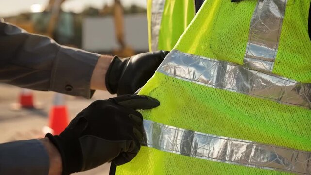 Medium shot capturing segmented reflective tape being attached to a construction vest focusing on flexibility and highvisibility safety features in outdoor work gear.