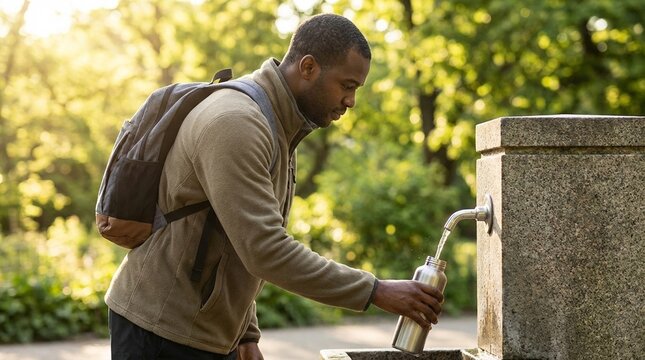 Young adult Black man with backpack refilling reusable bottle at public park drinking fountain, eco friendly hydration and travel routine, sunny spring Earth Day mood