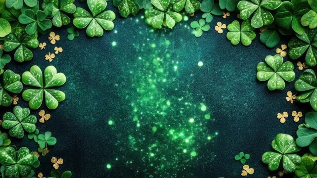 Green clover border with glitter accents on dark textured background. Saint Patrick's Day, St Paddy's Day, St Patty's Day - Irish National Holiday and Cultural Celebration