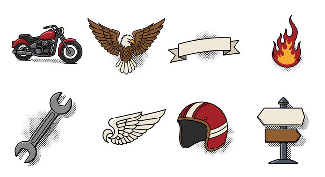 Retro biker icons with motorcycle, eagle, and helmet in vintage style