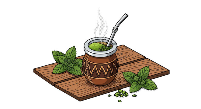 Traditional wooden mate cup with straw and fresh mint leaves on rustic wooden board