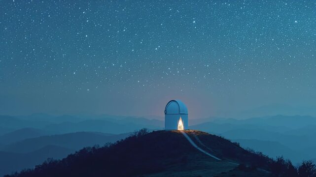 Mountain Observatory Dome On Remote Ridge Under Stellar Sky. Astronomical Survey, Telescope Research.
