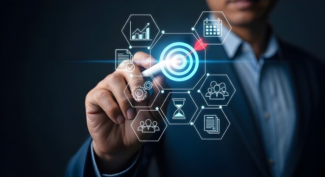 Goal setting and strategic focus using digital interface. businessman selecting target icon and strategy dashboard. strategic planning, performance tracking and digital business management,