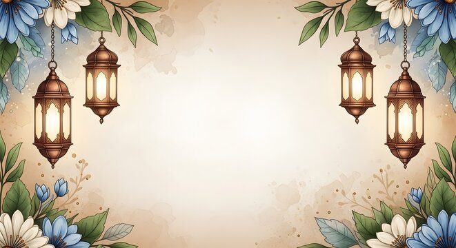 Ramadan kareem mubarak eid mubarak wishes greeting card with lanterns and floral decorations