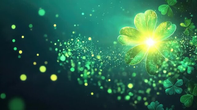 Glowing green shamrocks with sparkling stars on a dark background. Saint Patrick's Day, St Paddy's Day, St Patty's Day - Irish National Holiday and Cultural Celebration