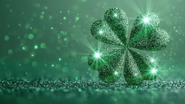 Sparkling green four-leaf clover on textured green background symbolizing luck. Saint Patrick's Day, St Paddy's Day, St Patty's Day - Irish National Holiday and Cultural Celebration