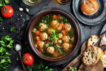 traditional speck knodel soup on table top view