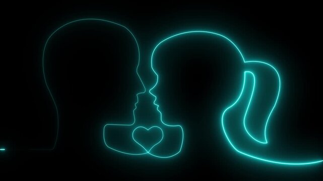 Neon couple face outline with glowing heart icon on dark background, romantic love concept. neon man and women Dating and relationships concept. 4k video