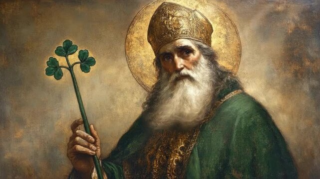 Saint patrick portrayed with shamrock and religious attire. Saint Patrick's Day, St Paddy's Day, St Patty's Day - Irish National Holiday and Cultural Celebration