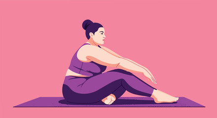 Side view of plus size woman stretching legs on yoga mat vector illustration