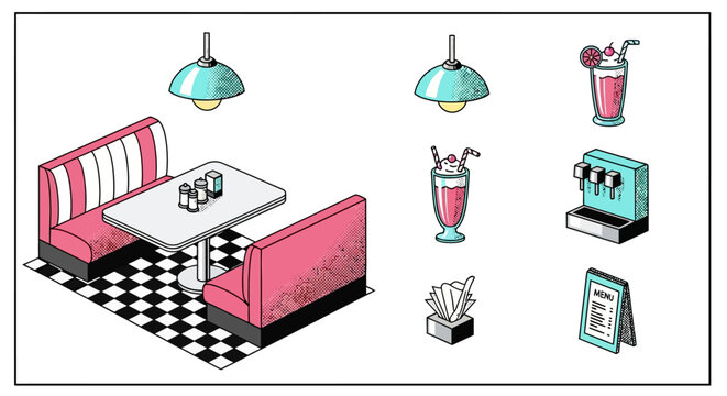 Retro diner isometric design with booth, milkshakes, and soda machine
