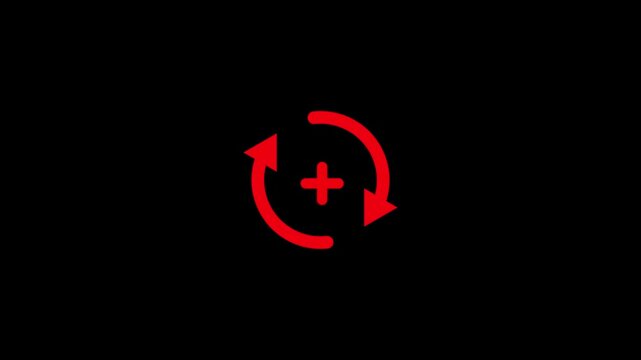 Red circular arrows with plus sign on black background