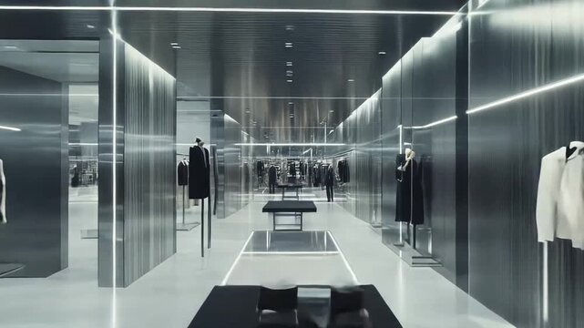 Modern luxury boutique interior with minimalist fashion displays, sleek metallic walls and illuminated showcases creating a futuristic, elegant, high end retail showroom atmosphere