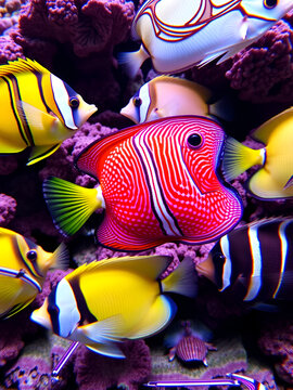 A vibrant selection of butterflyfish species, including the threadfin butterflyfish and raccoon butterflyfish, with intricate patterns and bright colors, ideal for showcasing tropical reef biodiversit