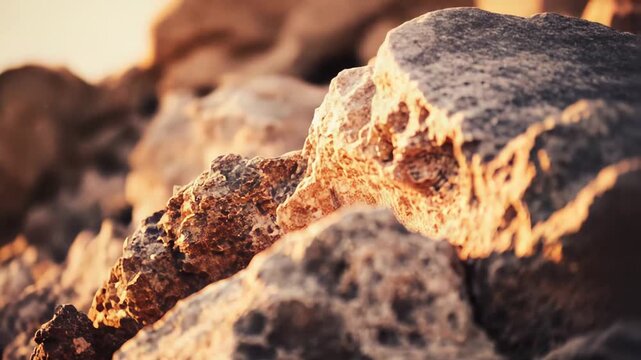 Rough rock surface texture creating a natural background, catching the warm, golden light of the setting sun and highlighting intricate details in the stone