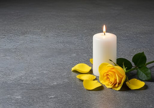 Lit white pillar candle with a blooming yellow rose and fallen petals on a textured grey surface