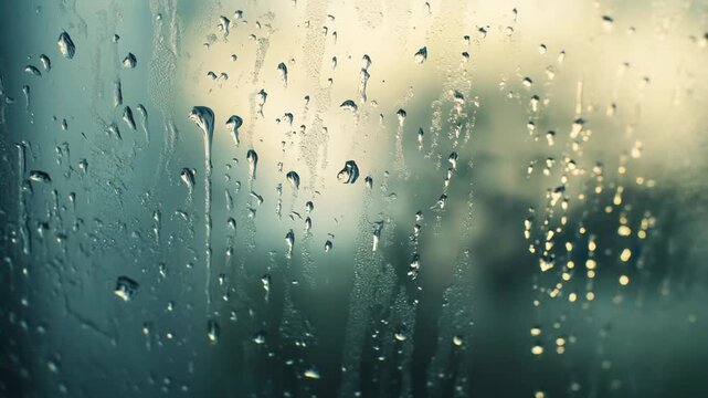 Rain drops and condensation accumulate on a clear glass window during wet weather, creating a reflective and textured surface with a blurred background