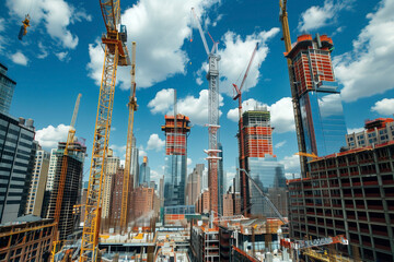 working on place with many tall  buildings under construction