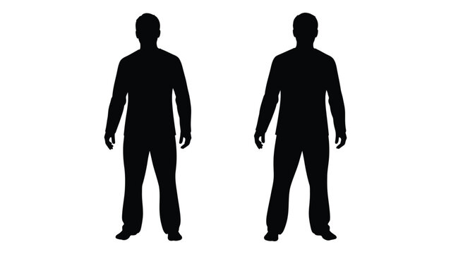 Two identical black silhouettes of men standing facing forward against a white background