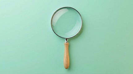 Single classic magnifying glass with a wooden handle and metal rim on a light blue background