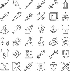fantasy, medieval, icons, line, vector, sword, shield, castle, magic, weapon, armor, knight, potion, crystal, adventure, game, rpg, mythology, kingdom, medieval