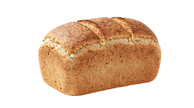 Freshly baked loaf of whole wheat bread isolated on white background, perfect for a healthy breakfast or sandwich