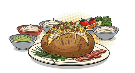 Loaded baked potato with toppings and condiments
