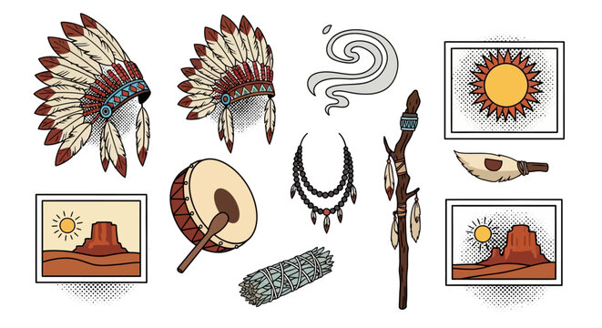 Native american cultural icons: headdresses, drums, and sun motifs in bold design