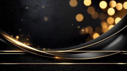 Elegant Dark Textured Surface with Golden Bokeh and Glossy Reflections