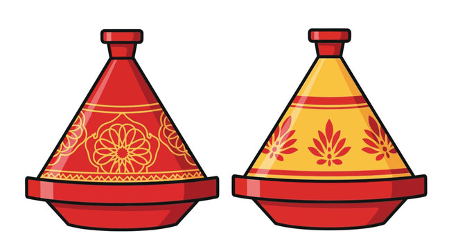 Two colorful moroccan tagines with decorative floral patterns are shown