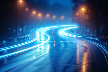 blue car lights at night on road long exposure