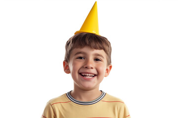 boy smiled with yellow festive cone on head isolated