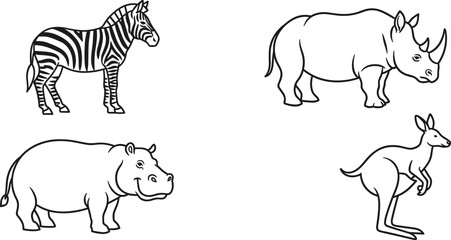 Black and white line art illustration of zebra, rhinoceros, hippopotamus, kangaroo, wildlife animals, cartoon style, educational artwork, nature design elements © MSTAMENA