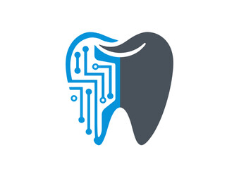 Obraz premium Digital Dental Tooth Technology Circuit Vector Logo