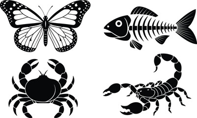 Butterfly silhouette, fish skeleton vector, crab illustration, scorpion silhouette art, black and white animal icons, stylized insect and marine creatures © Creative World