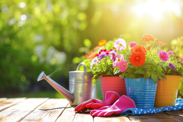 colorful flower pots with watering can and gloves on wooden boards