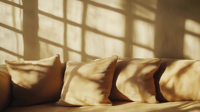Cozy sofa cushions bathed in warm sunset light cast soft grid like shadows on the interior wall, evoking a peaceful, inviting living room atmosphere of comfort and calm