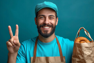 delivery employee in turquoise cap and T-shirt holds craft package