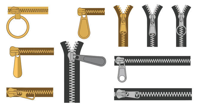 Collection of various zippers in gold and silver tones displayed