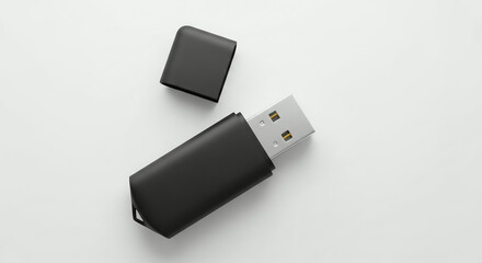 Black USB flash drive with cap off on white background, studio shot