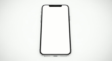 Modern smartphone with blank white screen on white background, isolated, top view.